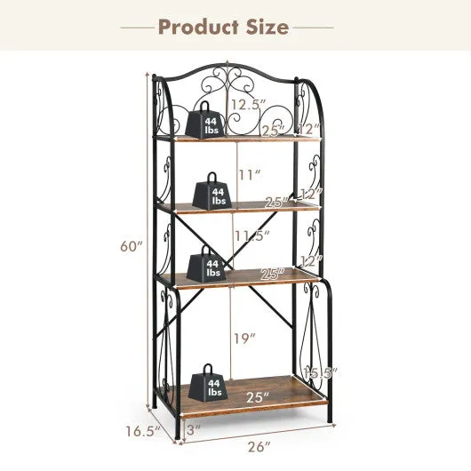 4-Tier Industrial Kitchen Baker's Rack with Open Shelves and X-Bar-Rustic Brown