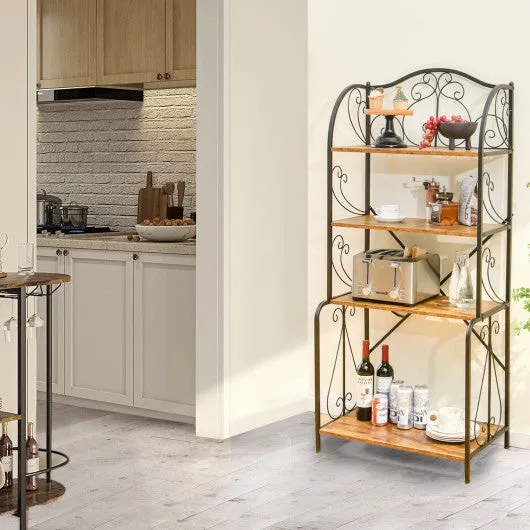 4-Tier Industrial Kitchen Baker's Rack with Open Shelves and X-Bar-Rustic Brown