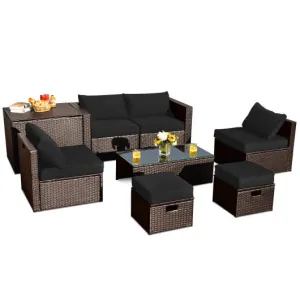 8 Pieces Patio Space-Saving Rattan Furniture Set with Storage Box and Waterproof Cover-Black