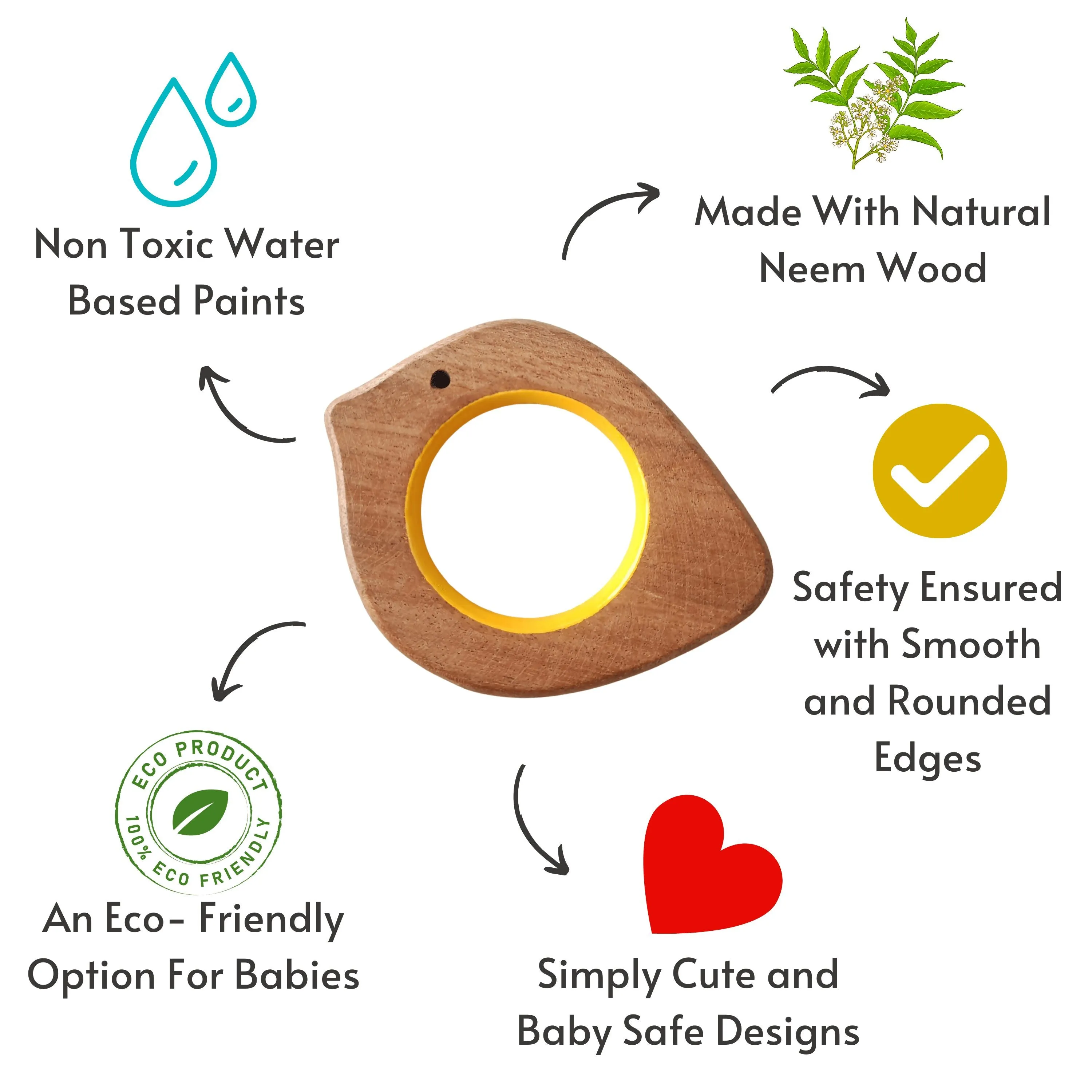 BABYCOV Cute Bird and Owl Natural Neem Wood Teethers for Babies | Natural and Safe | Goodness of Organic Neem Wood | Both Chewing and Grasping Toy | Set of 2 (Age 4  Months)