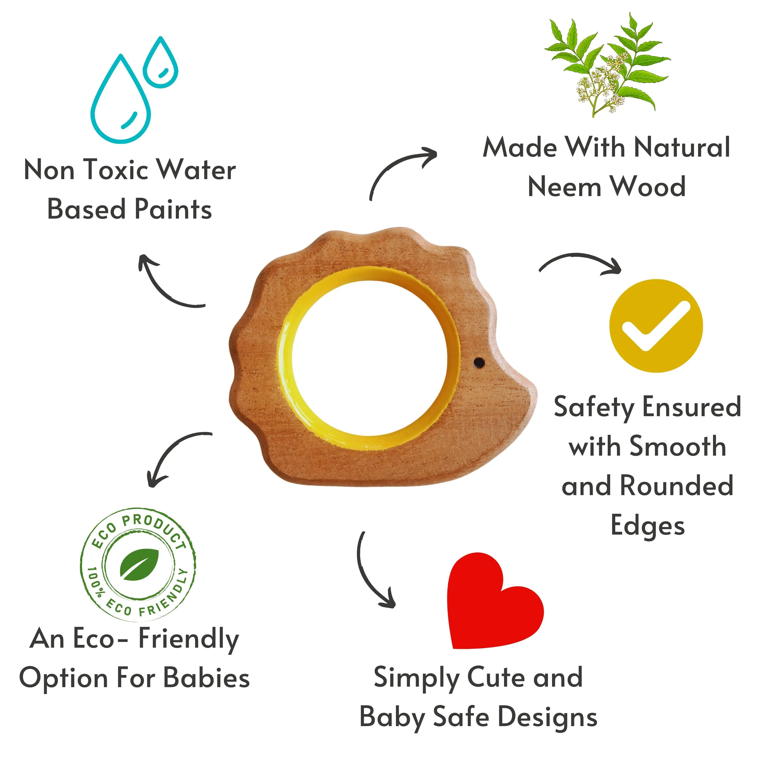 BABYCOV Cute Frog and Porcupine Natural Neem Wood Teethers for Babies | Natural and Safe | Goodness of Organic Neem Wood | Both Chewing and Grasping Toy | Set of 2 (Age 4  Months)