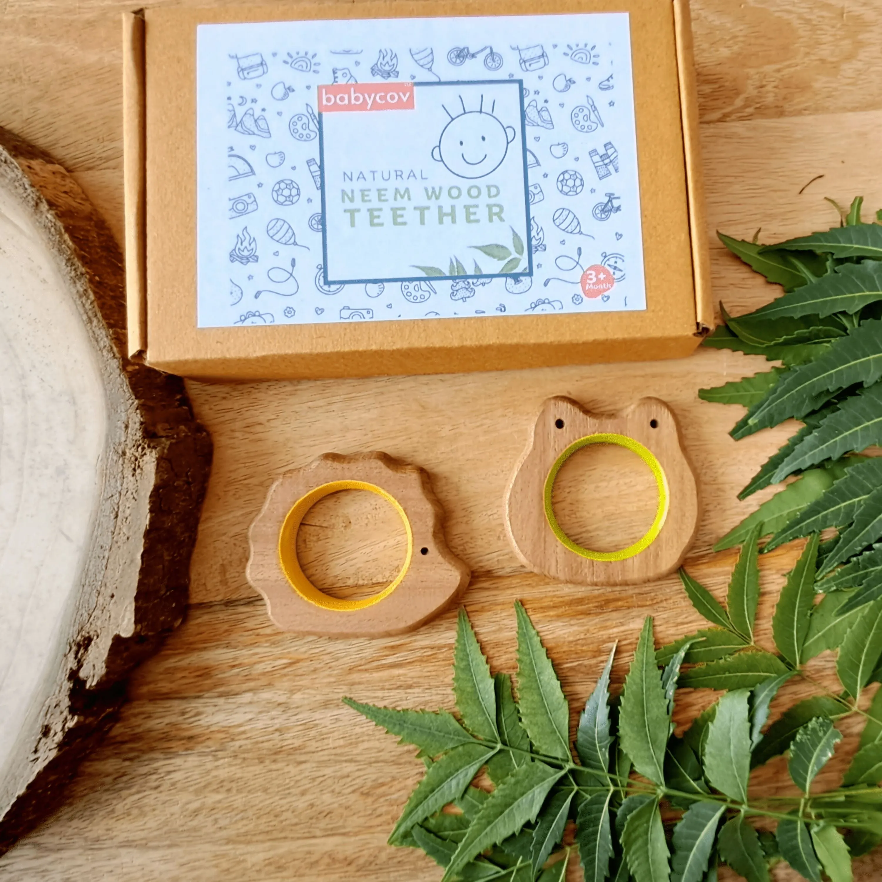 BABYCOV Cute Frog and Porcupine Natural Neem Wood Teethers for Babies | Natural and Safe | Goodness of Organic Neem Wood | Both Chewing and Grasping Toy | Set of 2 (Age 4  Months)