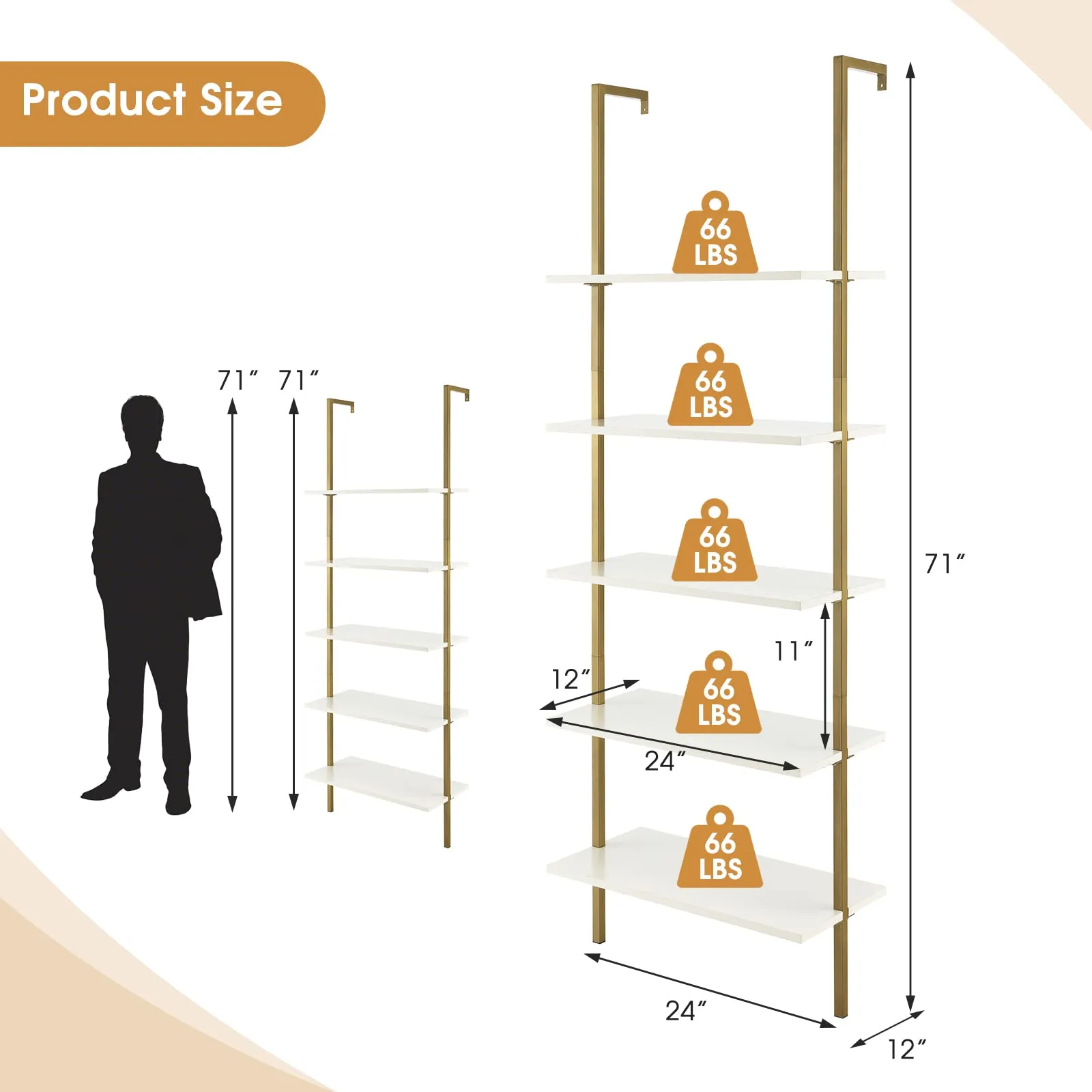 Tangkula Ladder Shelf, 5-Tier Industrial Ladder Bookshelf, Wall Mounted Tall 5-Shelf Modern Bookcase Open Display Shelf with Steel Frame