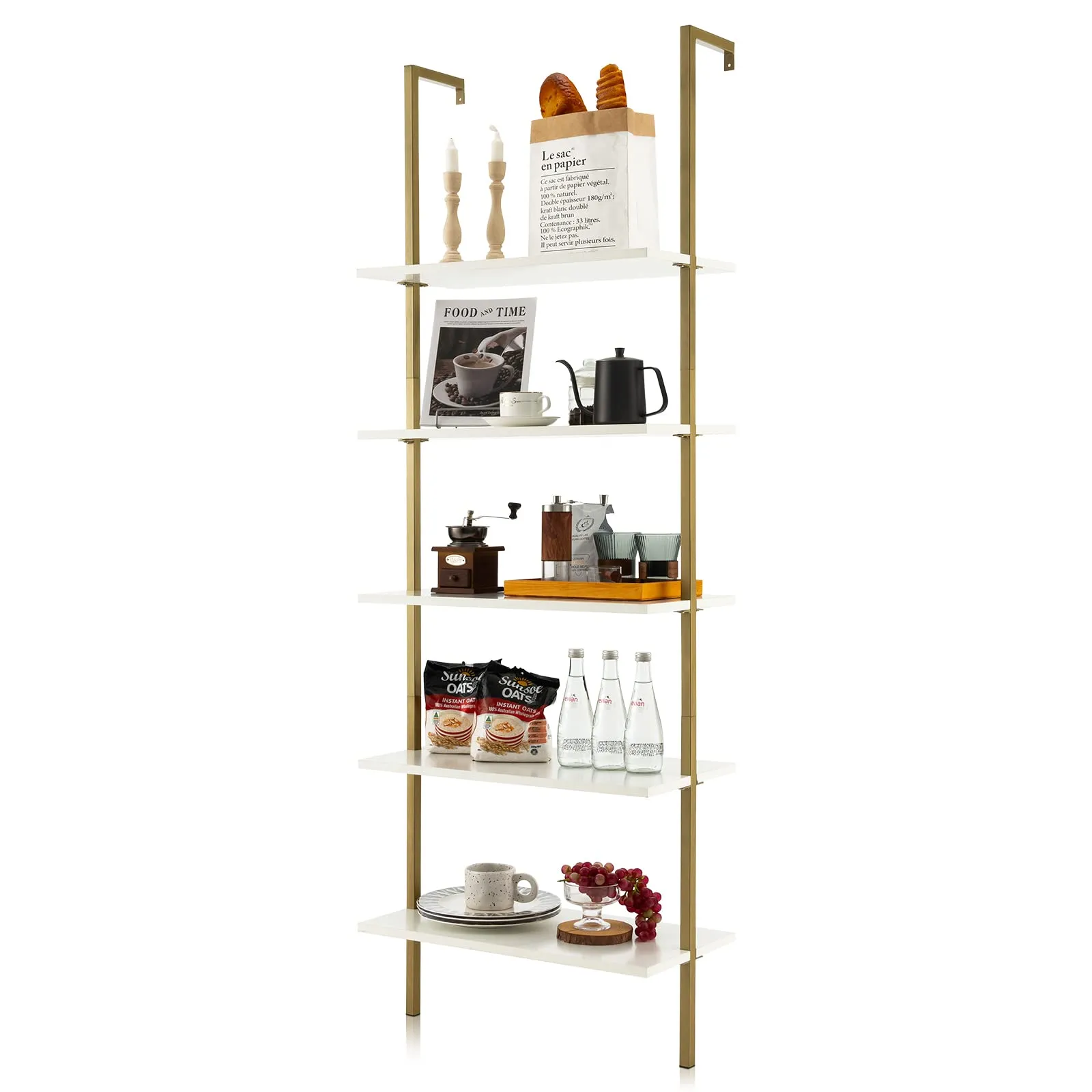 Tangkula Ladder Shelf, 5-Tier Industrial Ladder Bookshelf, Wall Mounted Tall 5-Shelf Modern Bookcase Open Display Shelf with Steel Frame