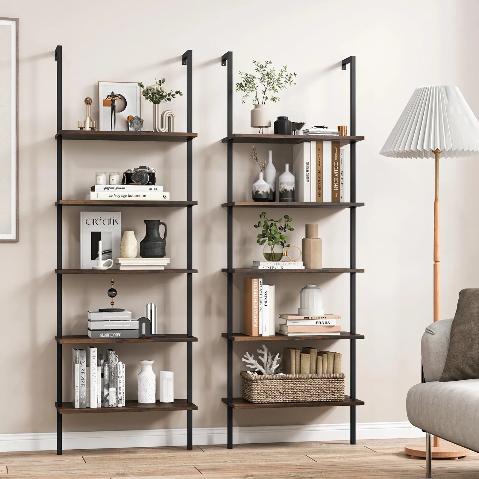 Tangkula Ladder Shelf, 5-Tier Industrial Ladder Bookshelf, Wall Mounted Tall 5-Shelf Modern Bookcase Open Display Shelf with Steel Frame