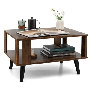 Tangkula Small Coffee Table for Small Space, 2-Tier Wooden Center Table with Open Storage Shelf