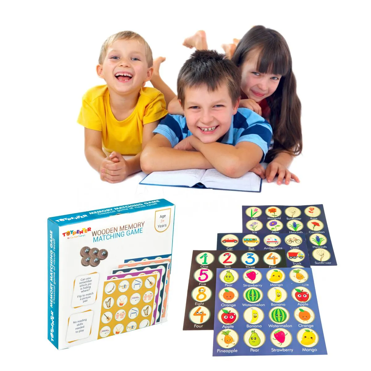 TOYPENTER Wooden Memory Matching Game/ Memory Skill Game for Kids 3  Years I Brain Games for kids with 8 Theme Cards