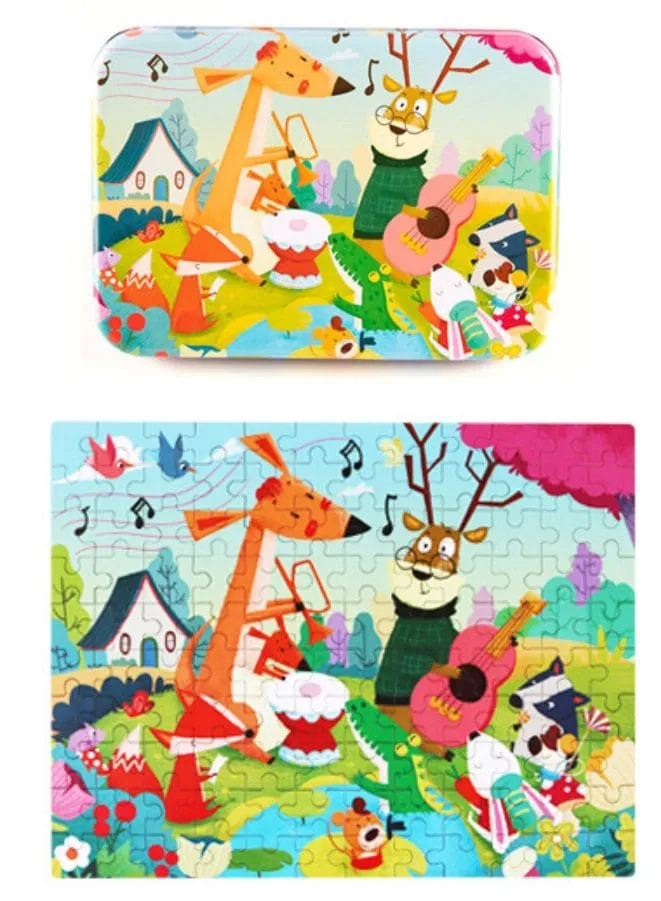 Wooden Jigsaw 120 Pieces Cartoon Animals Fairy Tales Puzzles Children Wood Early Learning Set Montessori Education Toy Kids Gift, Happy Animals