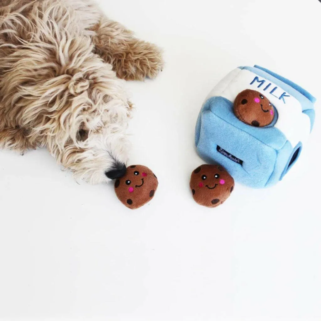 Zippy Paws Burrow Interactive Squeaky Hide and Seek Plush Milk and Cookies Toy for Dogs